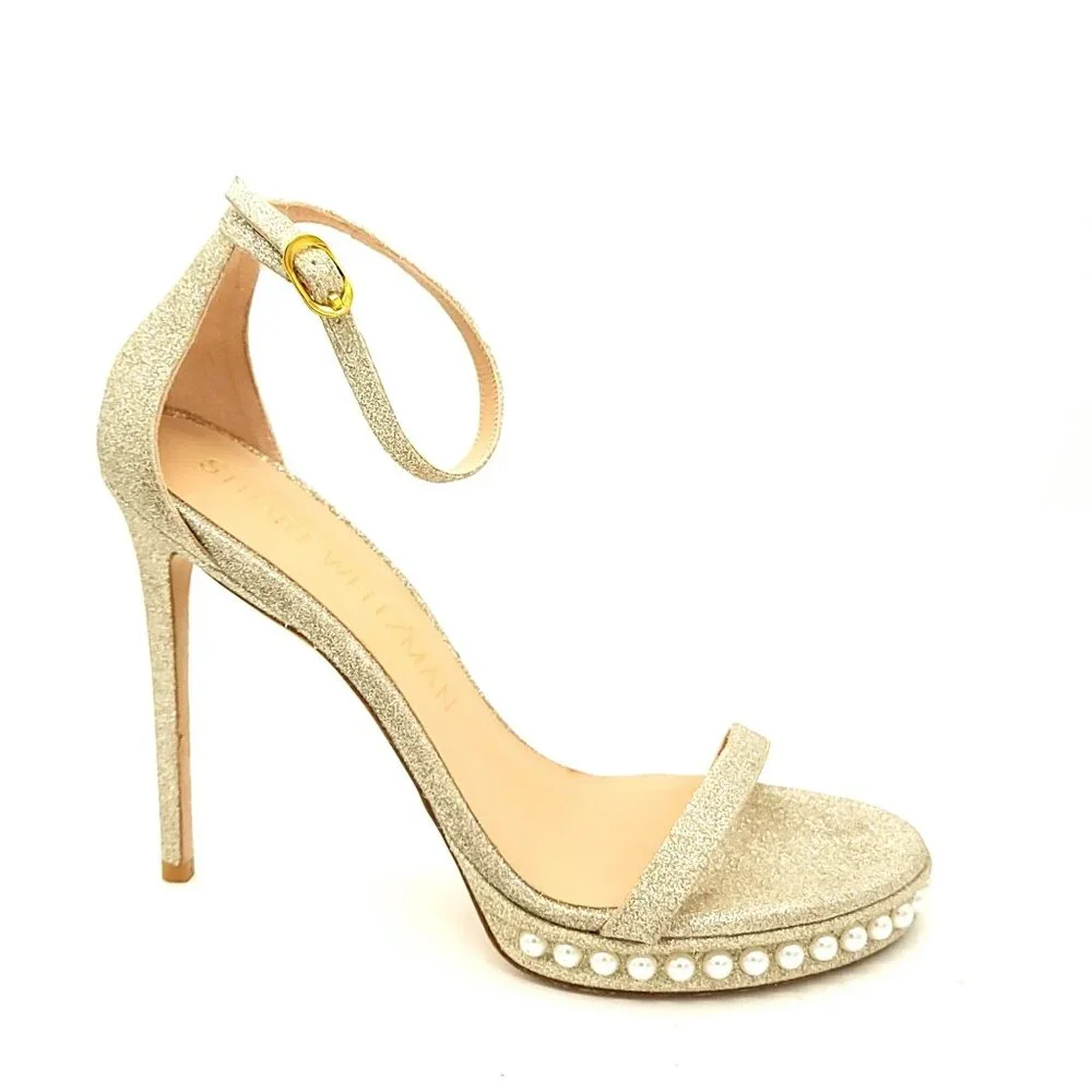 NEW Stuart Weitzman Nudistdisco Pearl Glitter Heels Womens 9.5 Glam Luxury Shiny